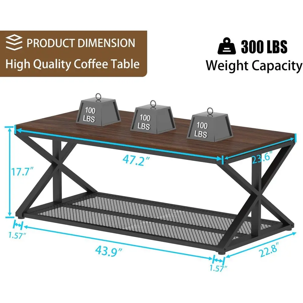 Industrial-Style Walnut 2-Tier Coffee Table with Mesh Shelf, 47 Rectangle, Storage Space for Living Room