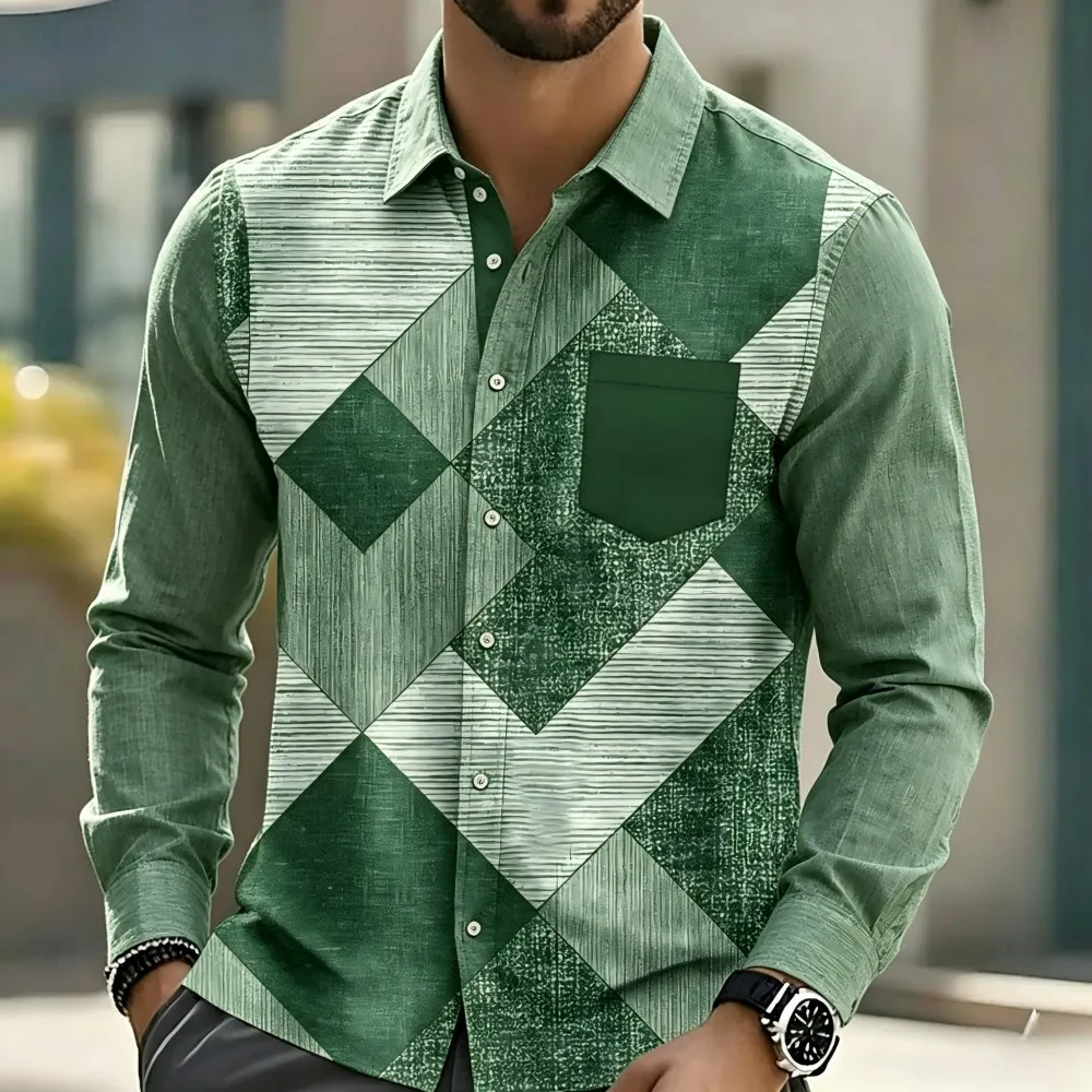 Men's patchwork shirt, color block checkered print, daily wear, spring and summer casual top