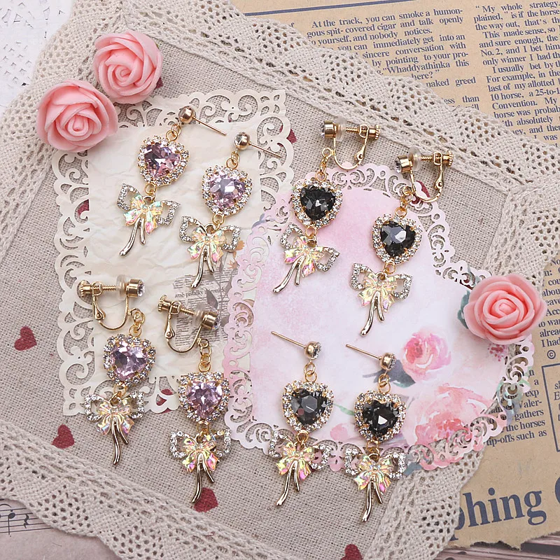 Pendientes de aguja de plata 925 para mujer, Larme Kei, perlas delicadas, lazo, pendientes con Clip para niña, accesorios de joyería de moda