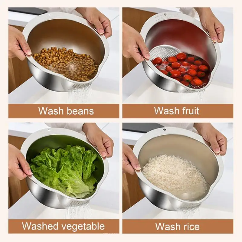 Rice Washer Strainer Bowl Stainless Steel Rice Washing Bowl Inclined Bottom Design High Capacity Strainer For Fruit Rice Vege