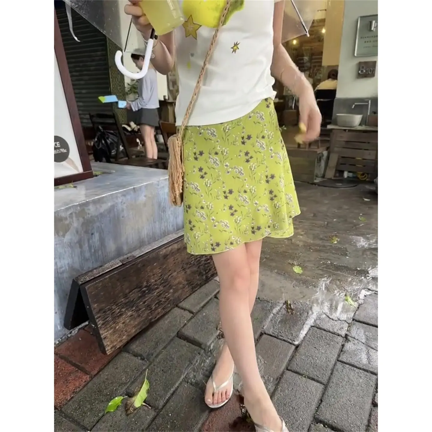 Fresh Lime Green Ditsy Floral Mini A-Line Skirt Women High Waist Lightweight Chiffon Swing Short Skirt