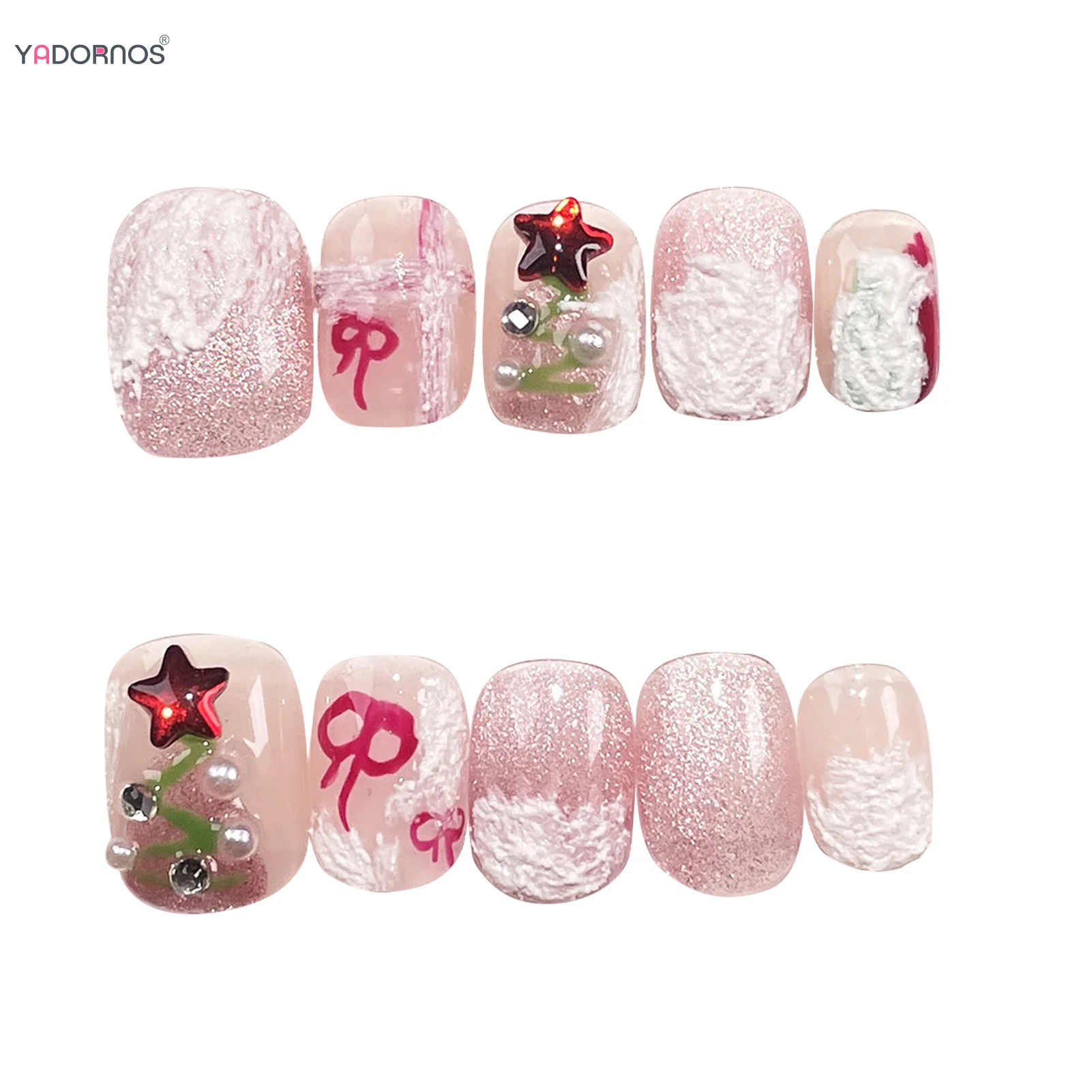 Uñas postizas rosas brillantes hechas a mano para mujer, uñas postizas 3D con diamantes de imitación brillantes, estrellas y perlas, diseño para el día de la nieve