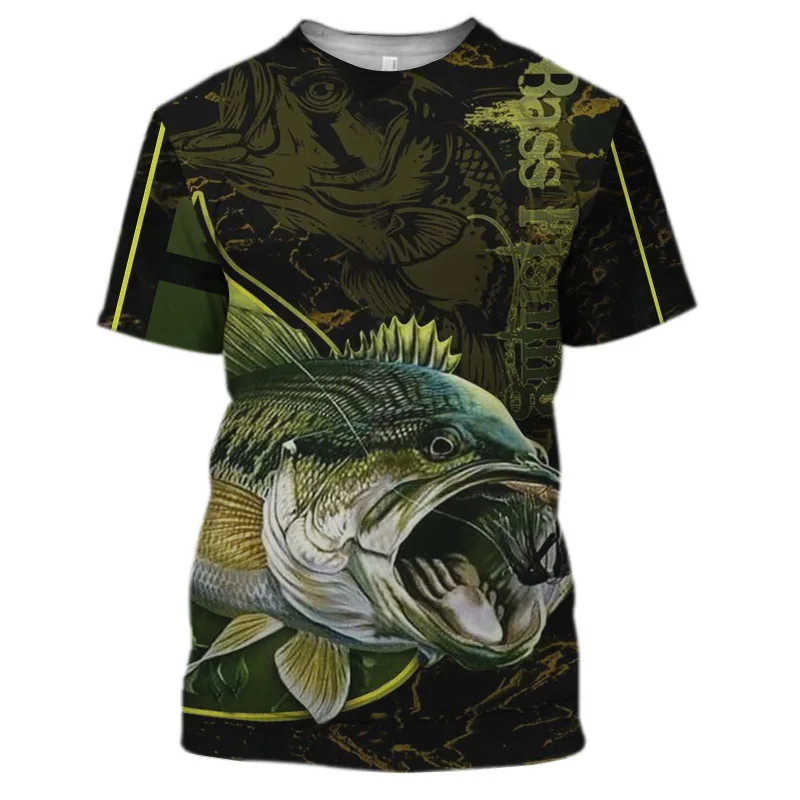 New BASS Fishing Print T-shirt for Men 3D Fashion Fish Hunter Round Neck Top Men Women Casual Outdoor Short Sleeve Tees Clothing