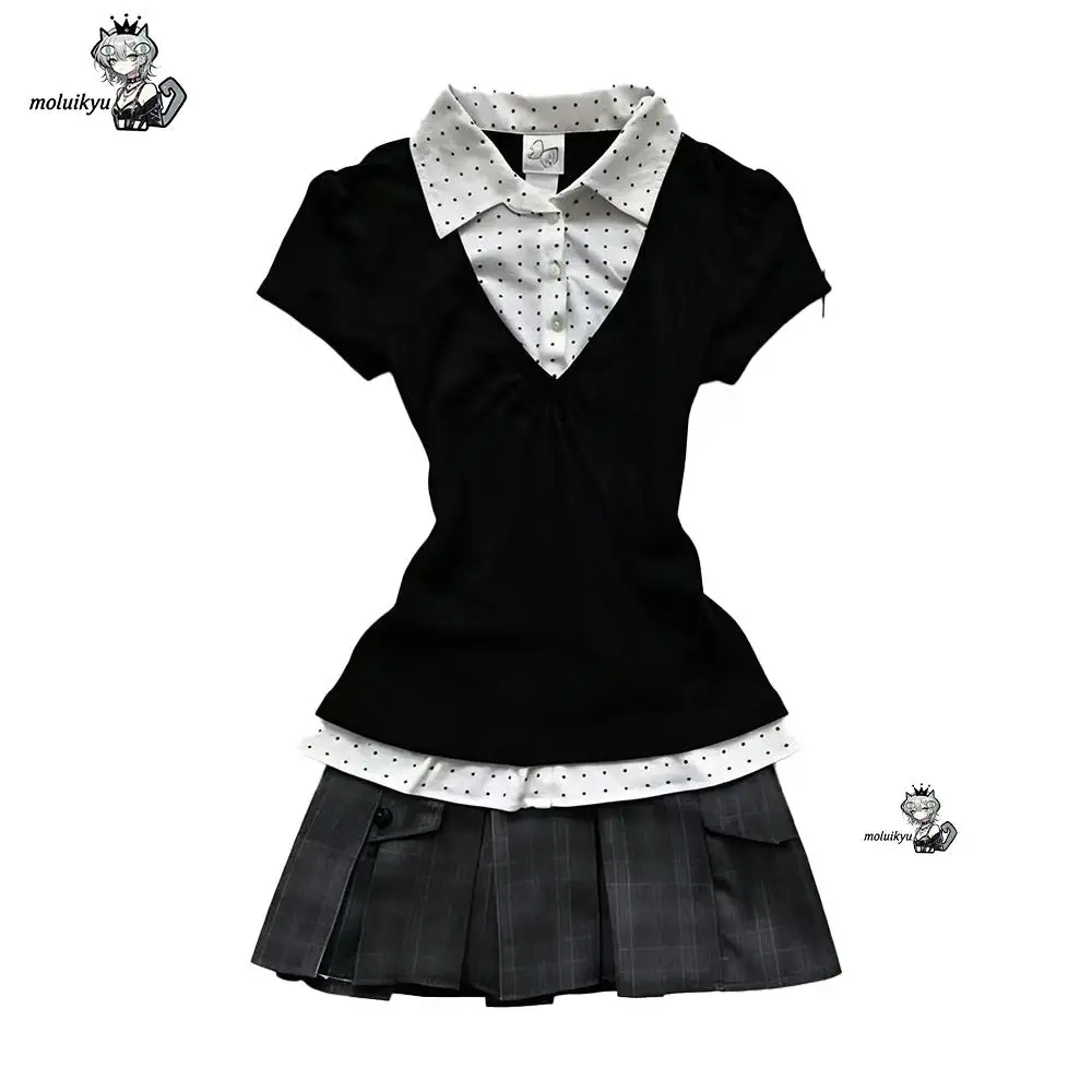 Y2K Preppy Two Piece Outfit Fake Two Piece Polka Dot Collar Short Sleeve High Waist Plaid Pleated Mini Skirt Streetwear Women - view 5