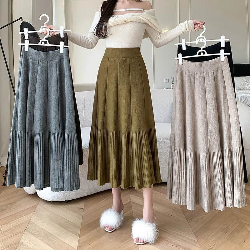 

Fashion Wool Knitting Skirts Women High Waist Pleated Skirts Casual Elegant Flounce Ankle Length Long Solid Vintage A-Line Skirt