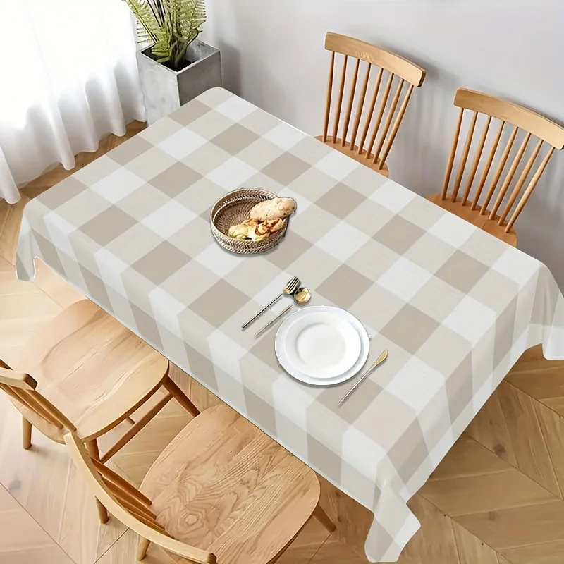 White and beige checkered tablecloth, machine washable and easy to clean.