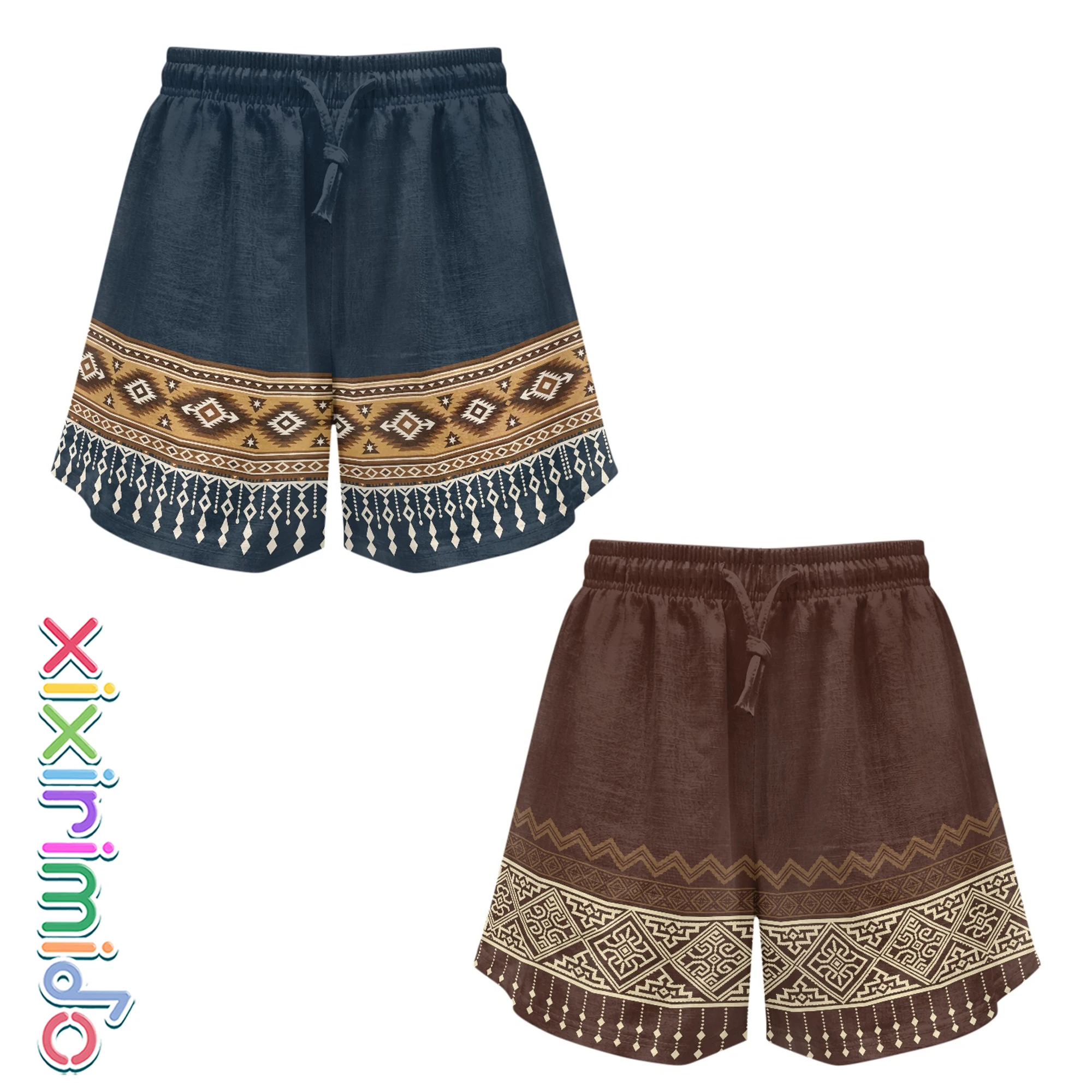 

XIXIRIMIDO 2026 Women's Linen Shorts Wide-legged Drawstring Short Pants High Waisted Ethnic Style Prints Beach Vacation Clothes