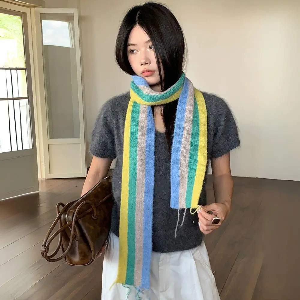 Bufanda larga fina y estrecha de estilo coreano, bufanda de felpa a rayas de lana gruesa y cálida para invierno, bufandas decorativas para niña Y2K, chal y envolturas
