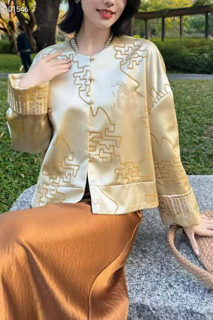 Spring New Chinese style O-Neck High Quality Jacquard Dragon + Cuff Embroidery Retro Elegant Women's Jacket S-XL