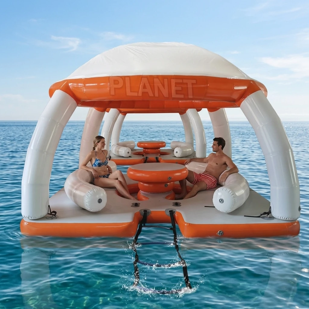 Commercial Outdoor Water Aqua Park Play Games Equipment Leisure Inflatable Floating Island Water Platform Dock With Tent