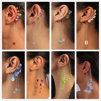 1 adet Bohemian hiçbir Picering Mermaid inciler taş kulak manşet klip küpe kadınlar kız için Trendy küpe yaz plaj takı Bijoux