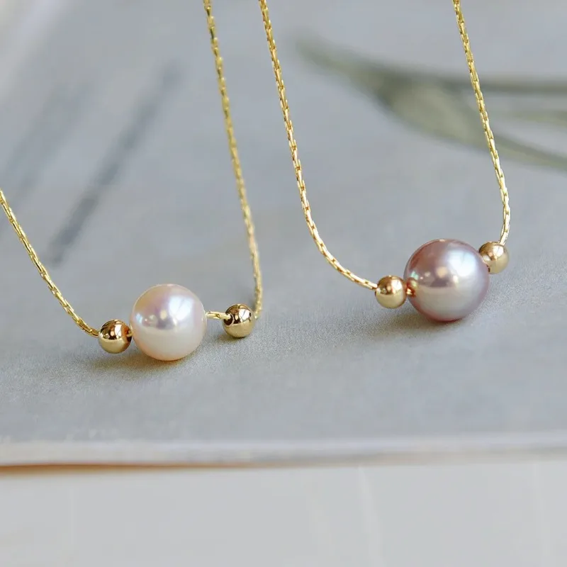

Minar French White Purple Single Round Freshwater Pearl Pendant Necklaces for Women Real Gold Copper Herringbone Chain Chokers
