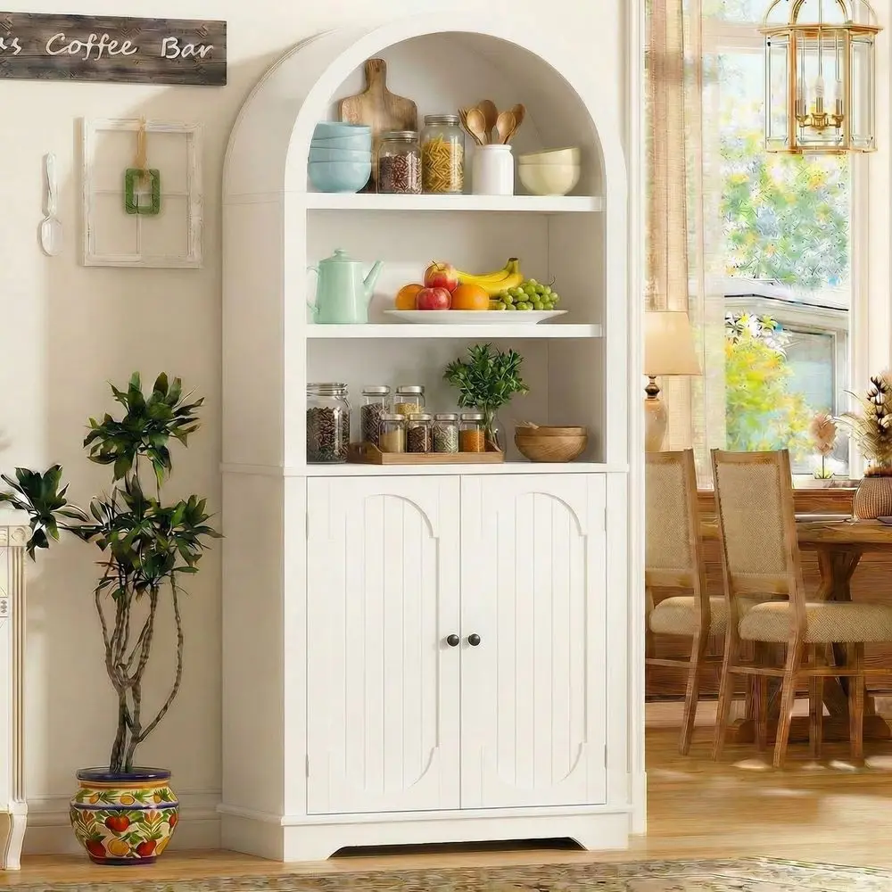 71 Tall Arched Kitchen Pantry Cabinet, Modern Kitchens Storage Cabinet with Open amp Adjustable Shelves, Freestanding Cupboard f