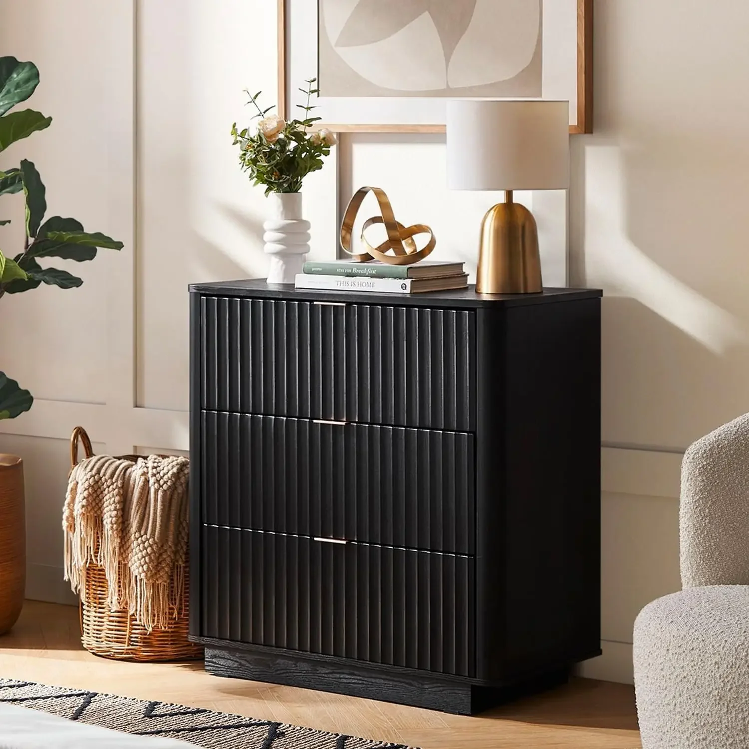 3 Drawer Dresser Bedroom, Mid-Century Modern Chest of Drawers, High Wooden Bedside Table, Fluted Side Table Black