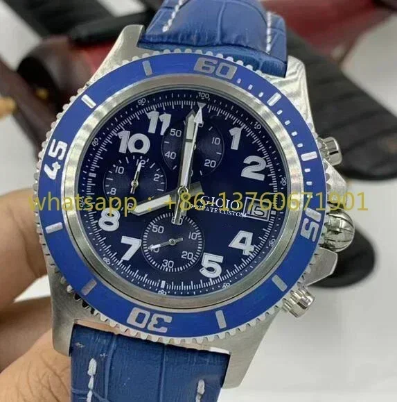 Luxury New SuperOcean Blue Mens Watch Quartz Chronograph Watches Fashion Sport Rubber Strap Sapphire Glass