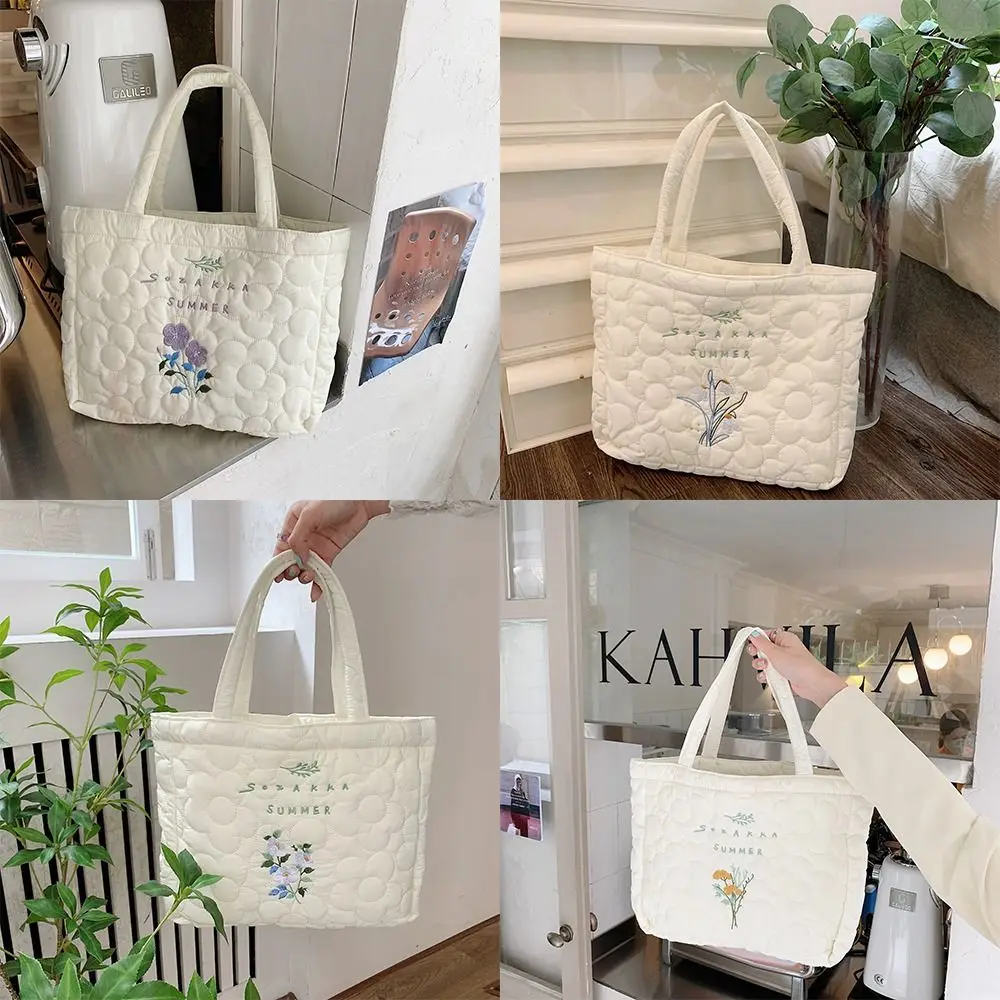 Large Capacity Fresh Flower Embroidery Handbag Storage Bag Solid Color INS Korean Style Tote Bag Shoulder Bag Polyester Girls