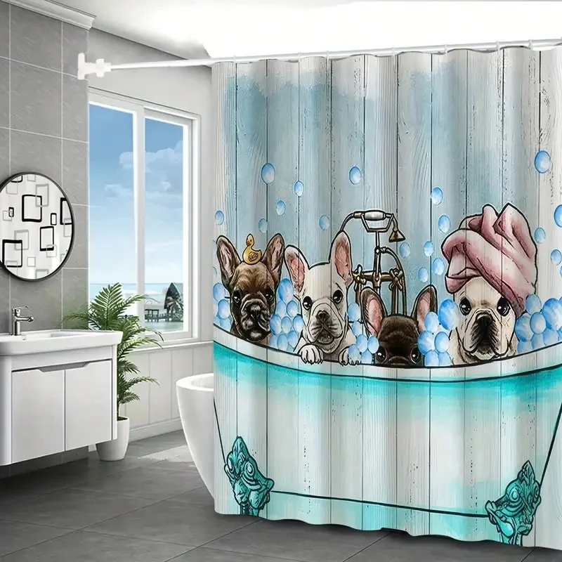 VIKAMA Cute Pet Dog Shower Curtain French Bulldog Bathtub Bubble Print Waterproof Curtain for Bathroom Decoration
