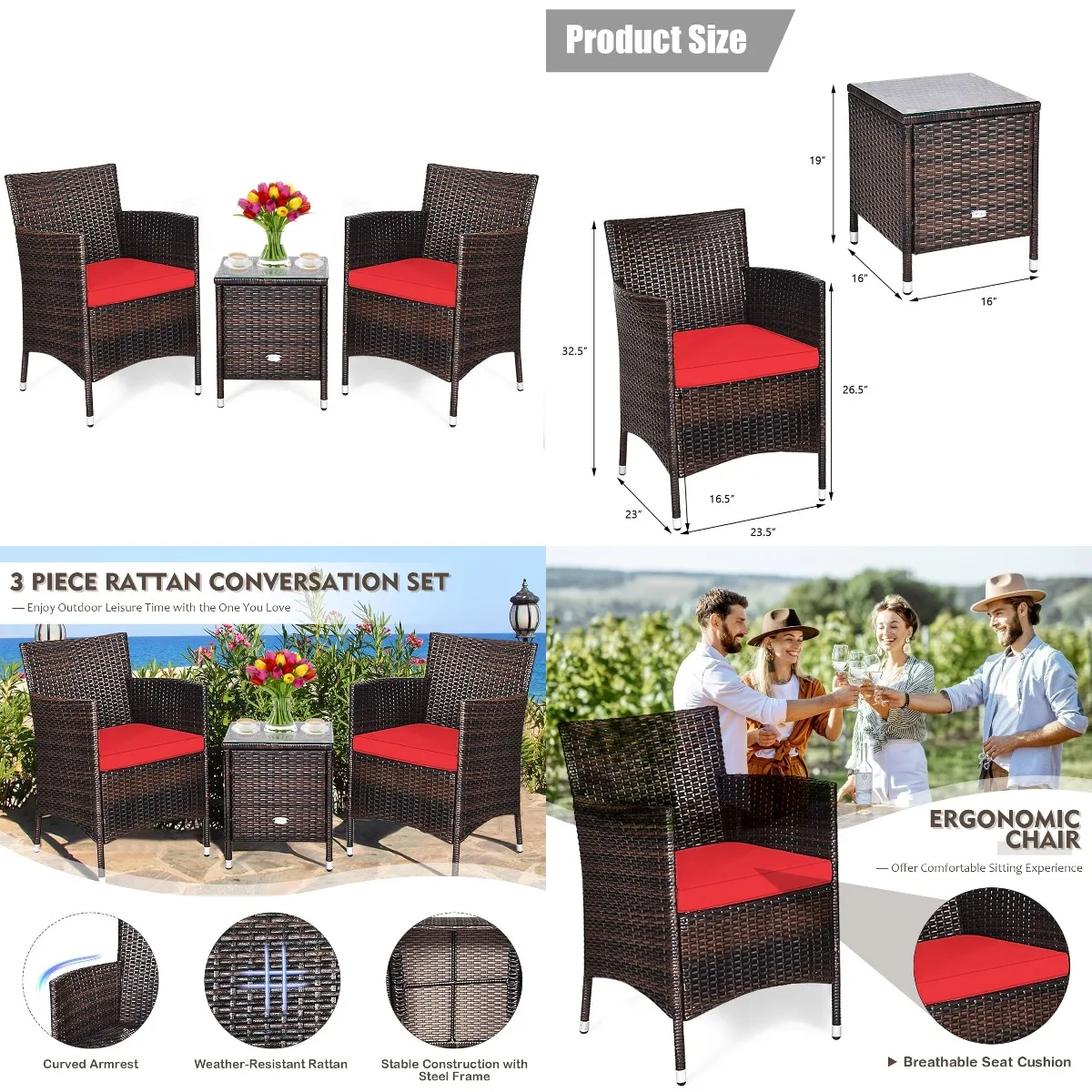 

3 Piece Wicker Patio Furniture Set with Cushions All Weather Rattan Bistro Set for Balcony Porch Backyard Deck, Customized