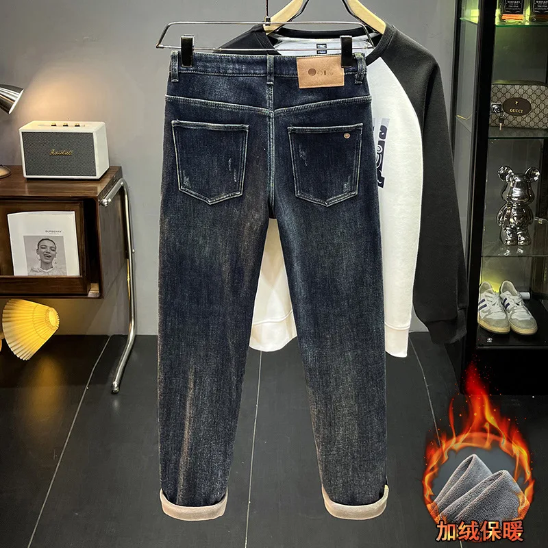 

2024 Winter fleece-lined thick high-end jeans men's fashion brand stretch slim fit warm cold-resistant denim long pants