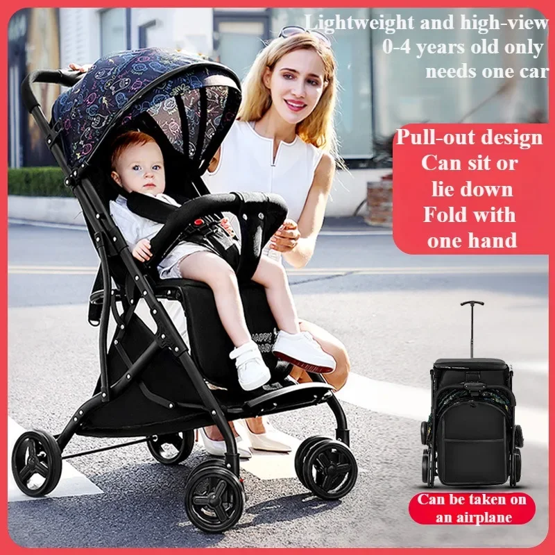 One Click Folding Baby Stroller Can Sit & Lying Foldable Portable Lightweight Baby Strolling Cart Large Space Adjustable Backset