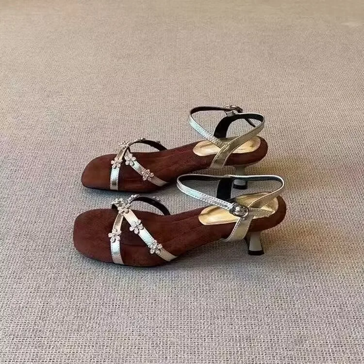 Women's Elegant Medium Heel Sandals Faux Leather Crystal Flower Crisscross Ankle Strap Open Toe Summer Casual Daily Dress Shoes