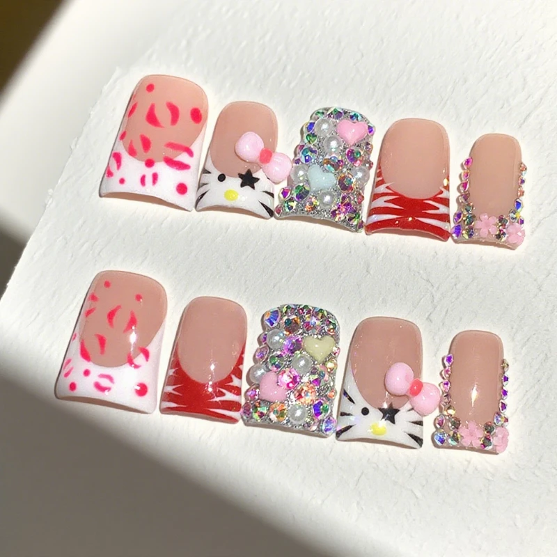 

10Pcs Y2K Short Duck Nails Pink Flowers Rhinestone Design HelloKitty Nails Press Ons Handmade Acrylic French False Nail Tips