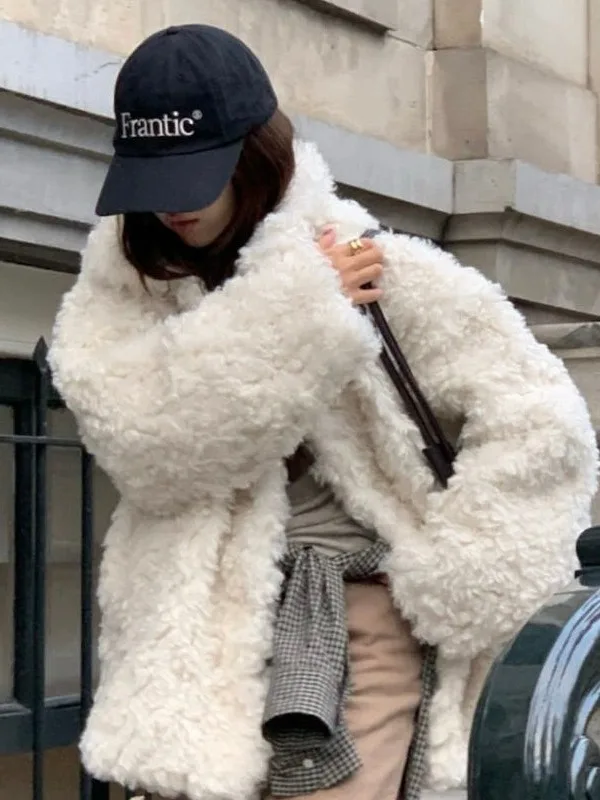 

Retro Lamb Fur Jaet Women's Korean Sle ort Coat Warm Cotton Added Design Collared Coat Fem Faion Winter New Arrival