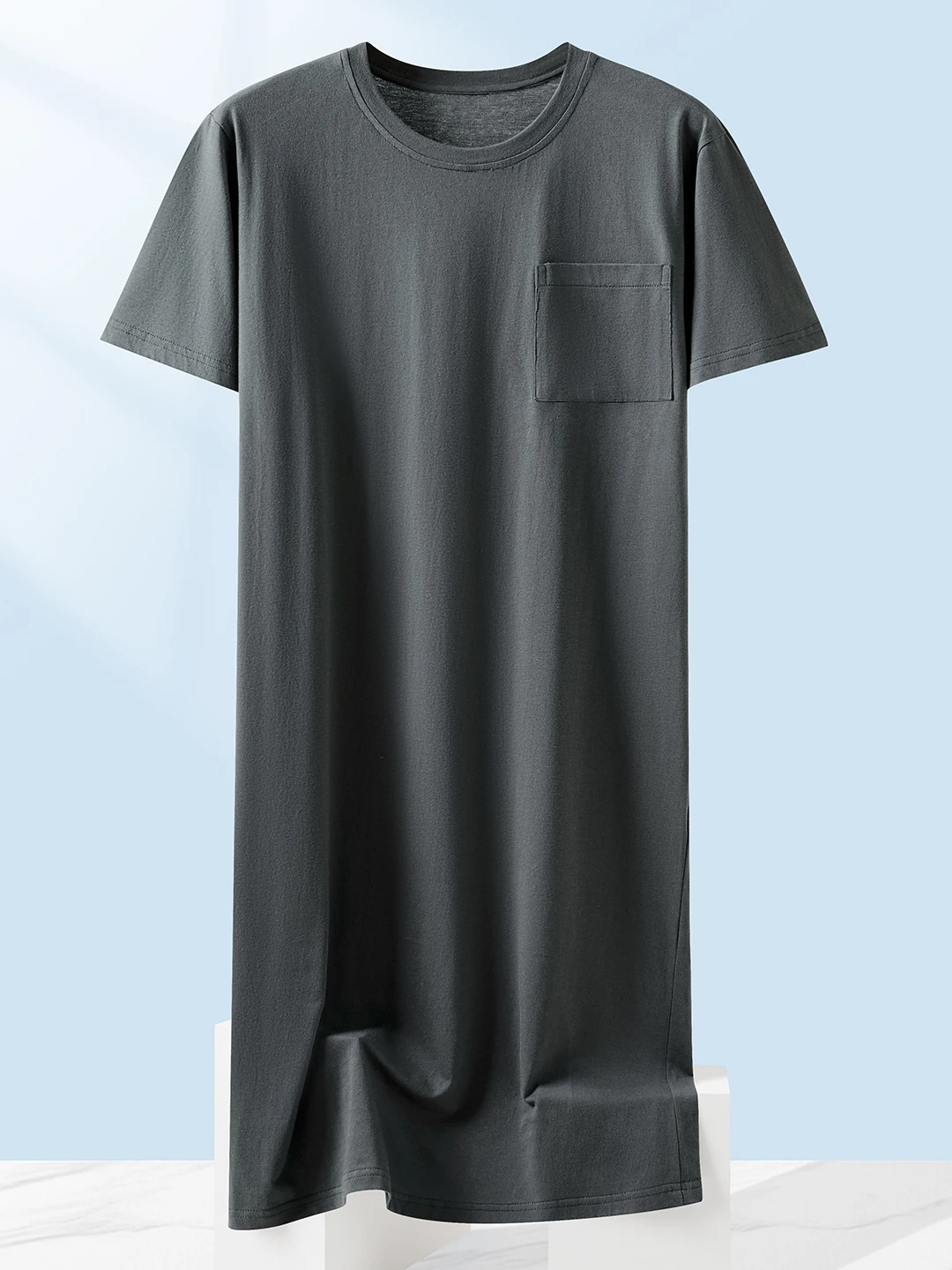 Summer Lightweight Short Sleeve Cotton Sleep Robe Men's Loose Long One-Piece Sleepwear Comfortable Breathable Pure Color Home...