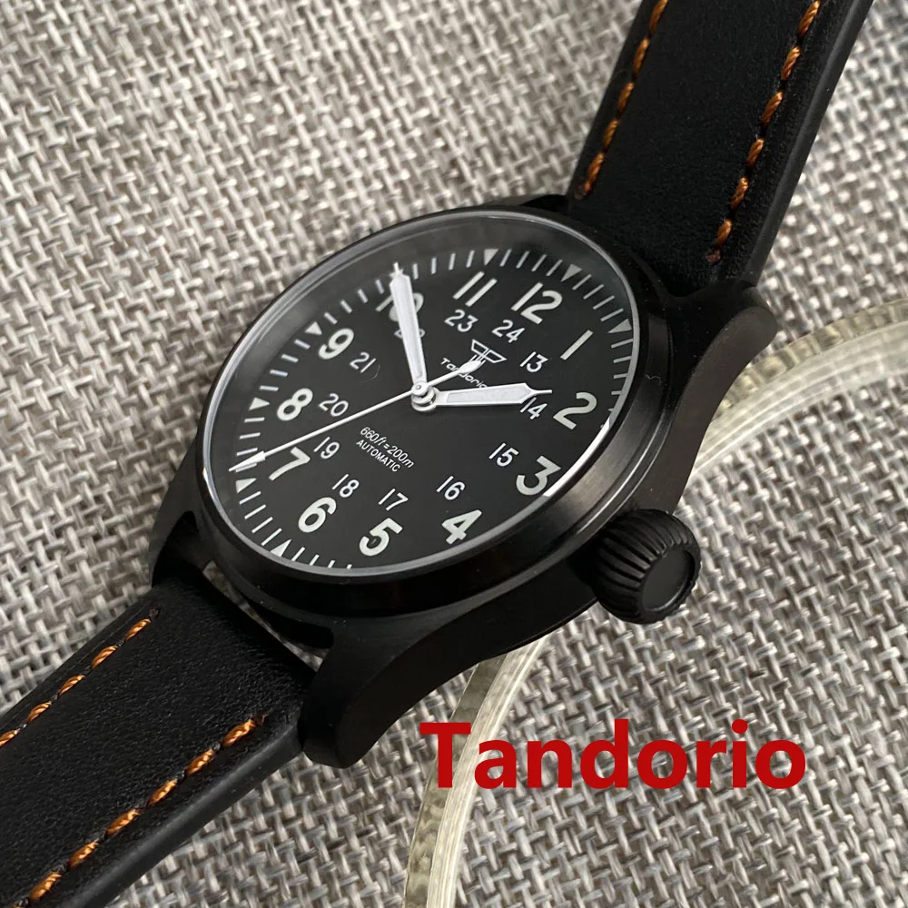 Tandorio 39mm Sapphire Glass Brushed Black PVD 20ATM Waterproof NH35A PT5000 Pilot Diver Military Men Watch Luminous Big Crown