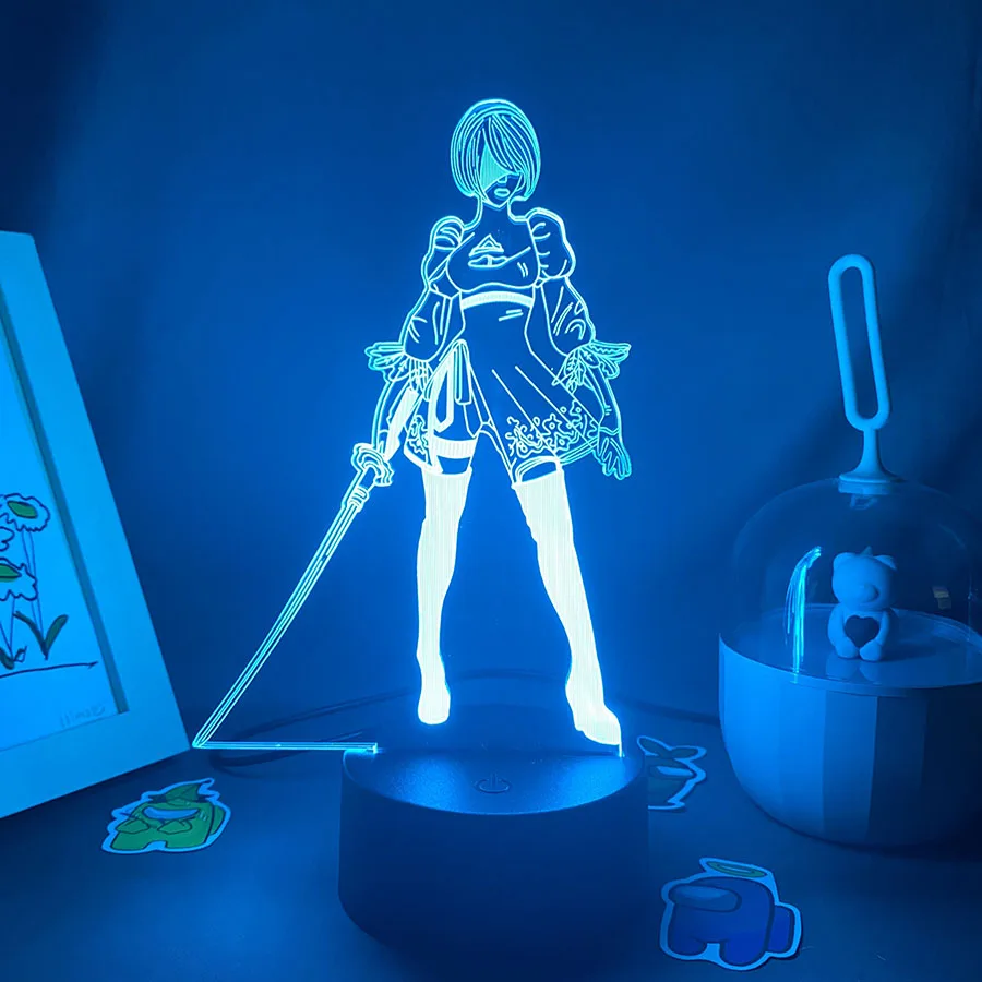 NieR Automata figura de juego YoRHa No2 tipo B 3D Led luces nocturnas de neón regalo de cumpleaños para amigos sala de juegos Decoración de mesa