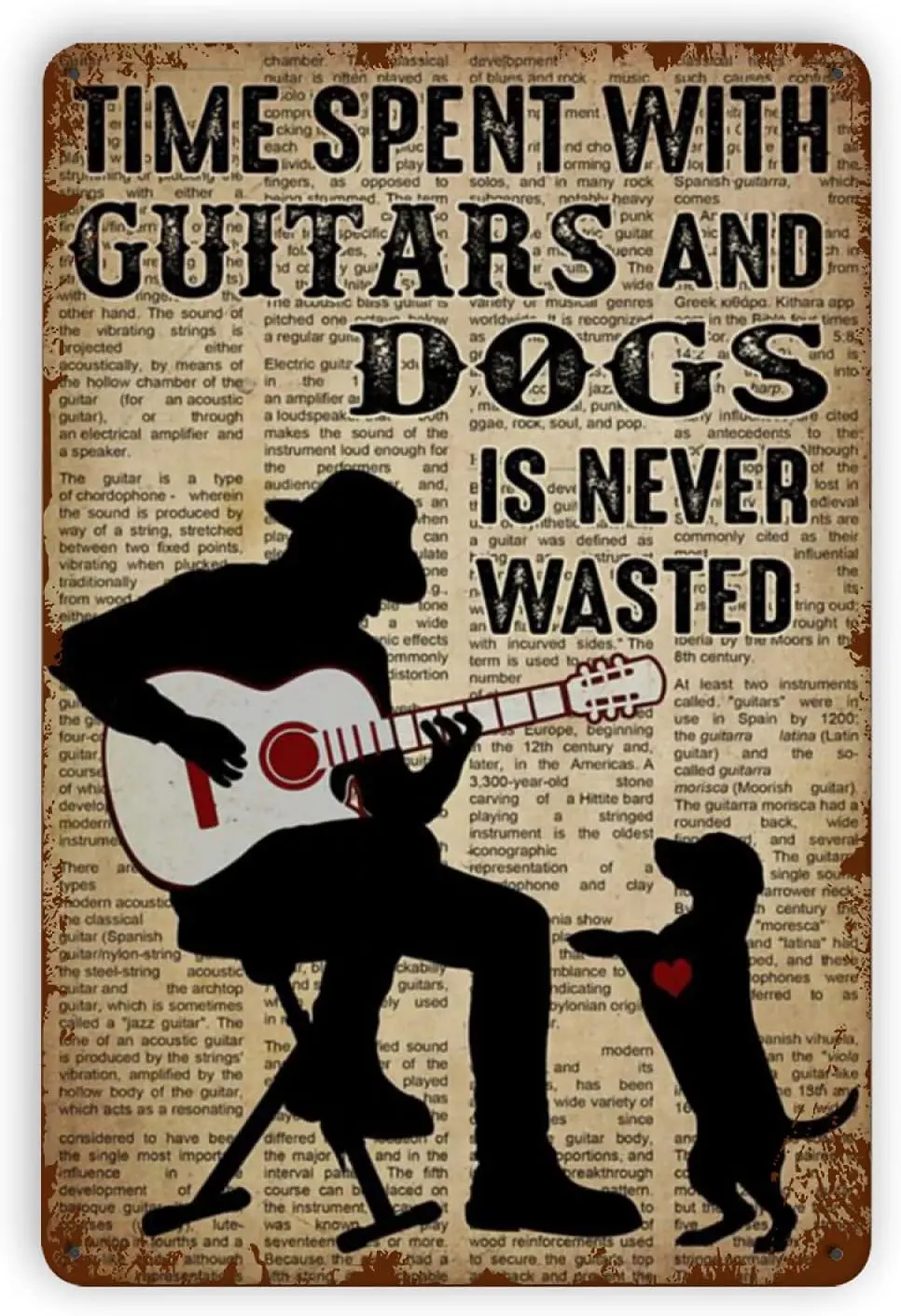 Guitar Metal Tin Sign, Time Spent On Guitar and Dog Will Never Waste Aluminum Metal Fun Bathroom Vintage Tin Signs Office Bar Si