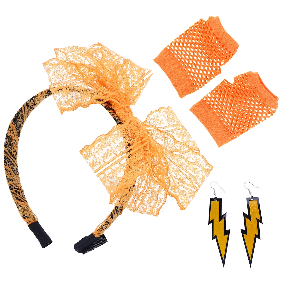 80's Lace Headband Orange Fingerless Fishnet Gloves Neon Earrings Party Costume 80's Theme Dance Fancy Accessories