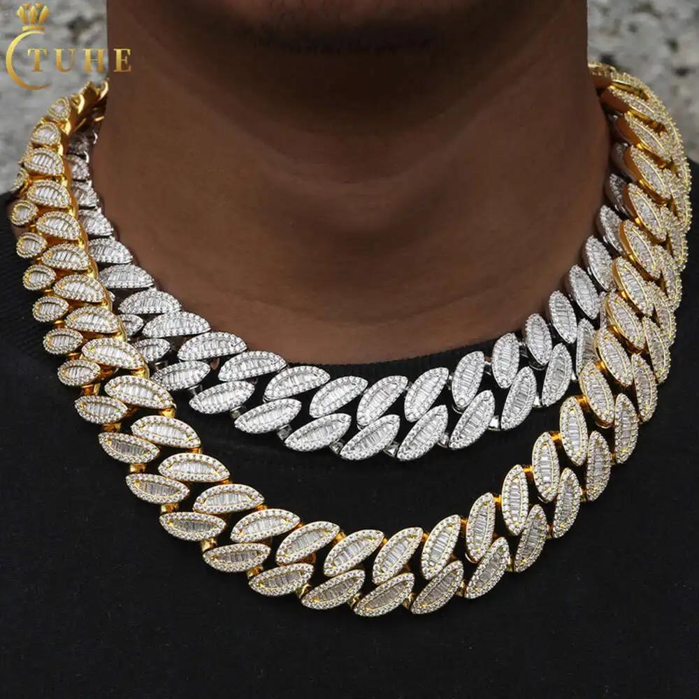 Cubana Hip Hop Jewelry Mens 20mm 925 Sterling Silver Vvs Baguette Moissanite Diamond Iced Out Leaf Cuban Link Chain Necklace