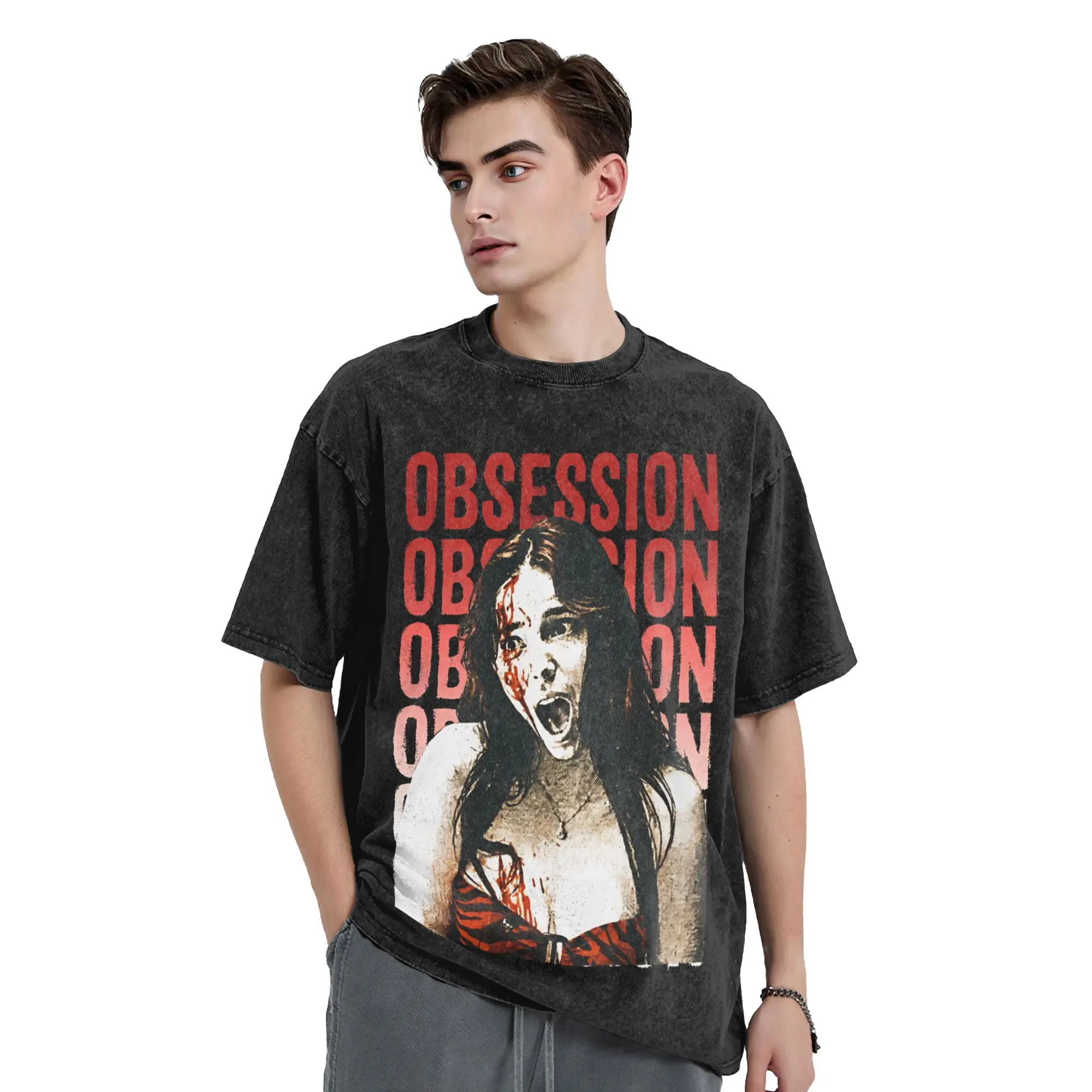 Washed T Shirts Obsession Horror Movie Hip Hop Vintage T-Shirts Harajuku Nikki Streetwear Cotton Printed Tops Tees Men Women