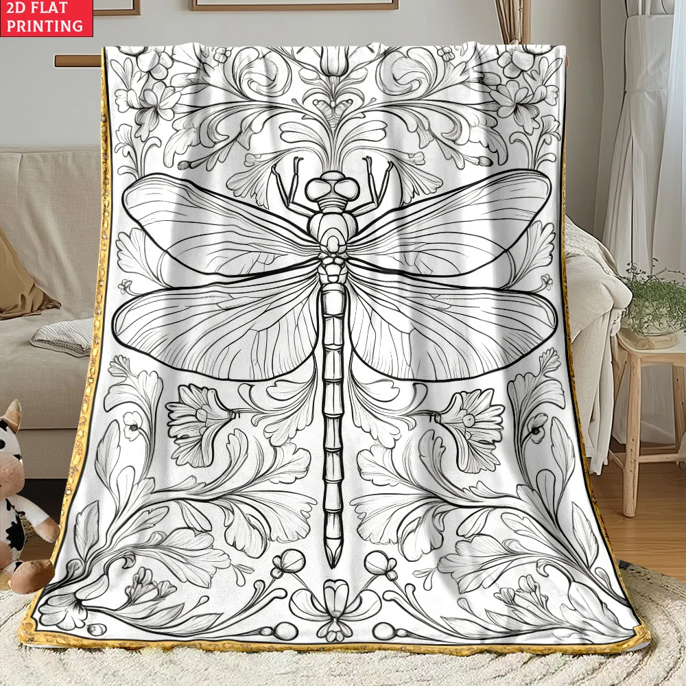 Decorative Dragonfly Floral Print Throw Blanket Bohemian Tapestry Line Art Cottagecore Sketch Nature Home Decor Cozy Winter Gift