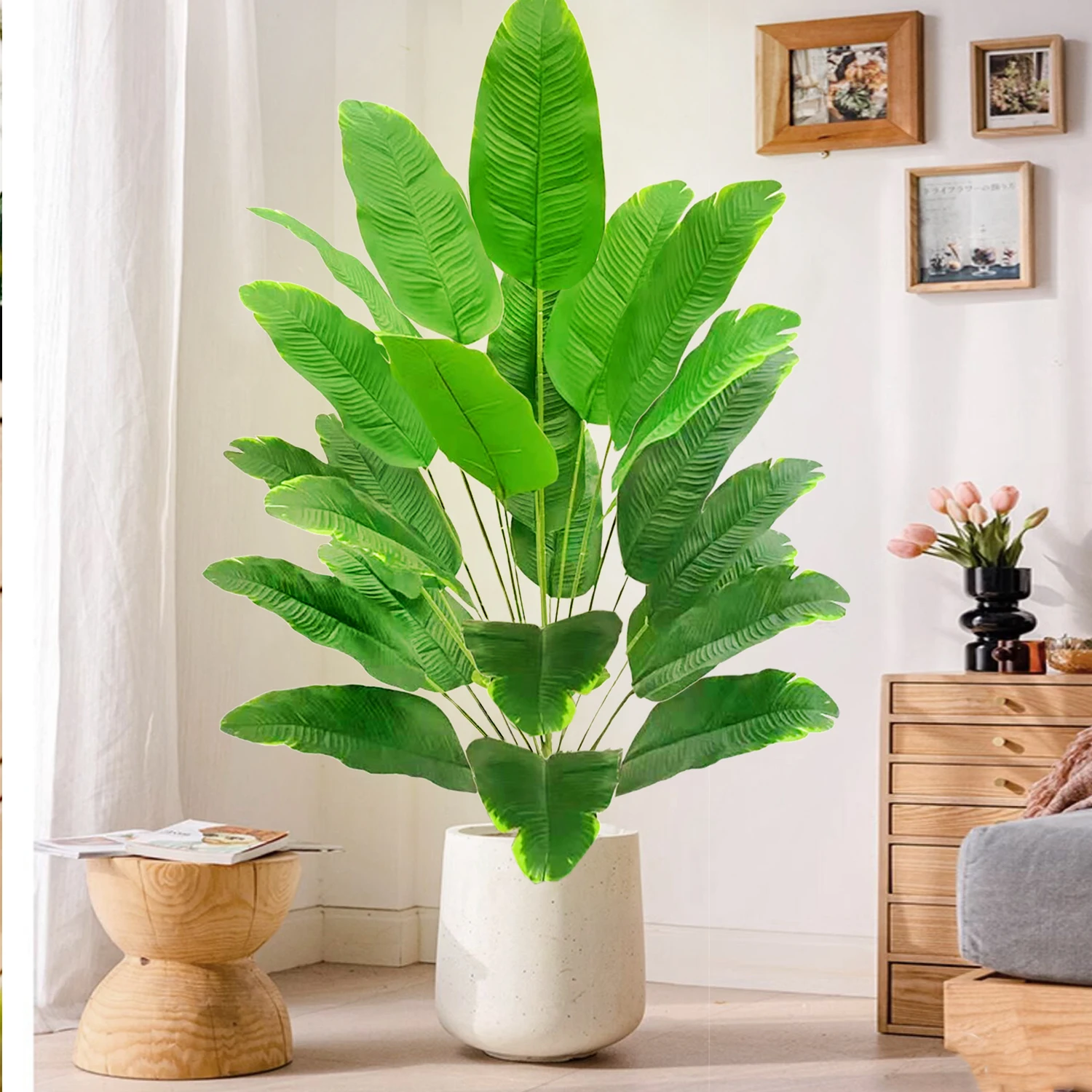 55-142cm/55,9 Zoll Große Tropische Palme Künstliche Bananenpflanze mit Blättern in Echt-Optik Strelitzia Reginae Kunstpflanze für Zuhause – Detail 19
