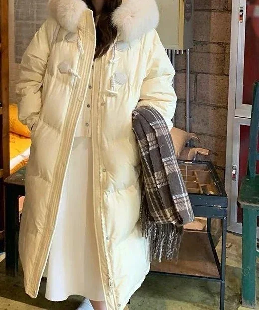 

Cotton Padded Women's 2025 Winter New Thick Medium Long Hooded Style Fashionable Big Fur Collar Warm Top