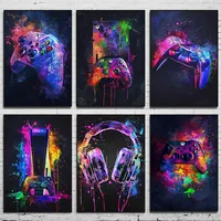 Watercolor Neon Video Game Posters XBOX Prints GamePad Headset Canvas Painting Gaming Wall Art Boys Gamer Room Home Decor