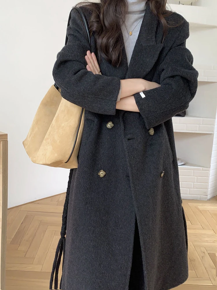 [LANMREM] Fashion Double Sided Woolen Coat For Women Lapel Solid Color Belt Gathered Waist Coats 2024 Winter New 26C454