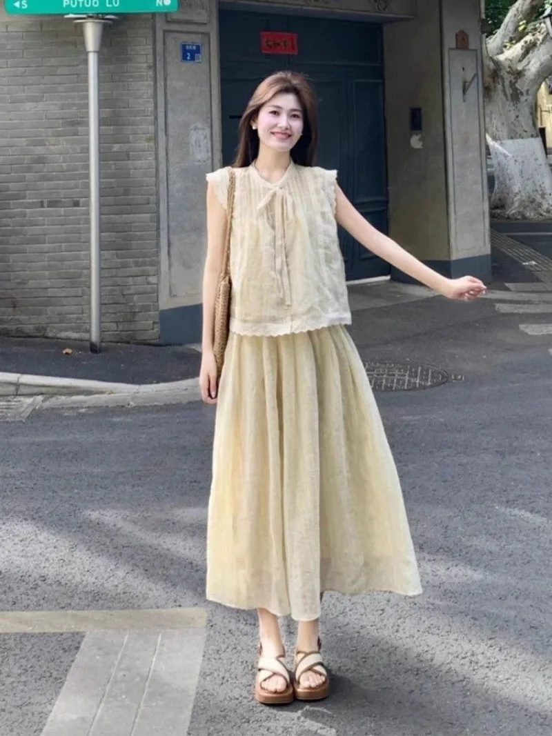 새로운 프랑스 패션 여름 여성 투피스 세트 우아한 레이스업 플라잉 슬리브 블라우스 탑 + 루즈핏 스커트 솔리드 컬러 아웃핏 소녀들을 위한 의상