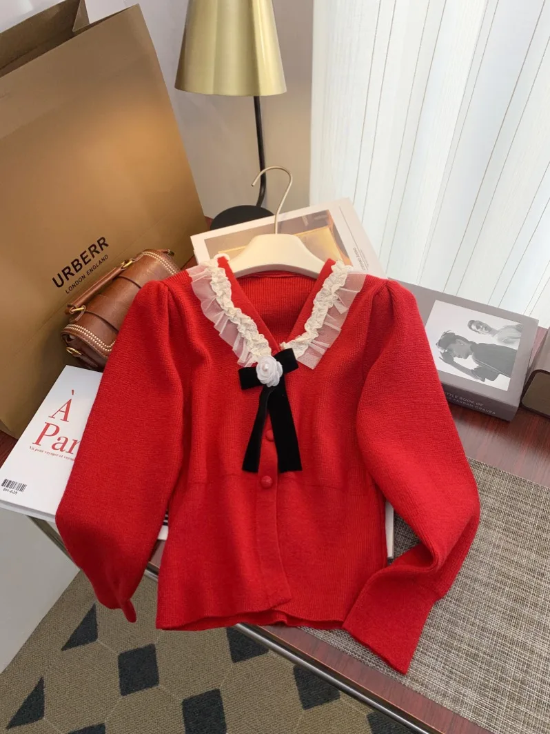 New 2024 Autumn Winter Sweater Women White Red Or Pink Long Sleeve Knitted Tops For Women Korean Fashion Women Sweater With Bow