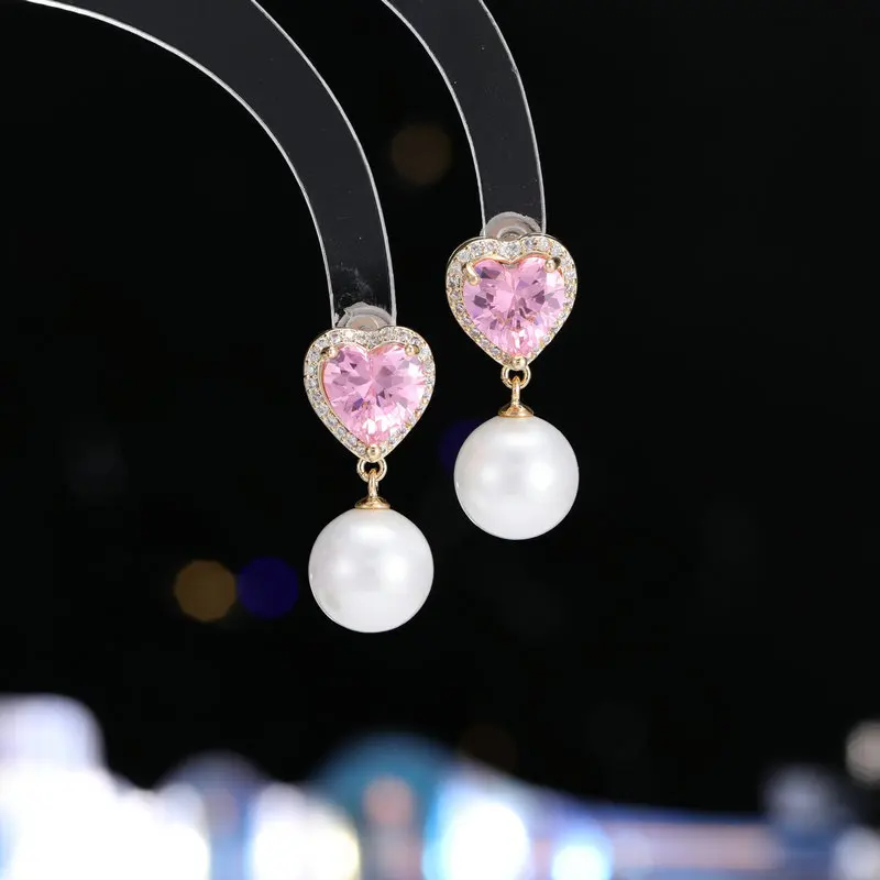 Purple heart-shaped zircon stud s925 silver needle sweet pearl fashionable and elegant high-end earrings
