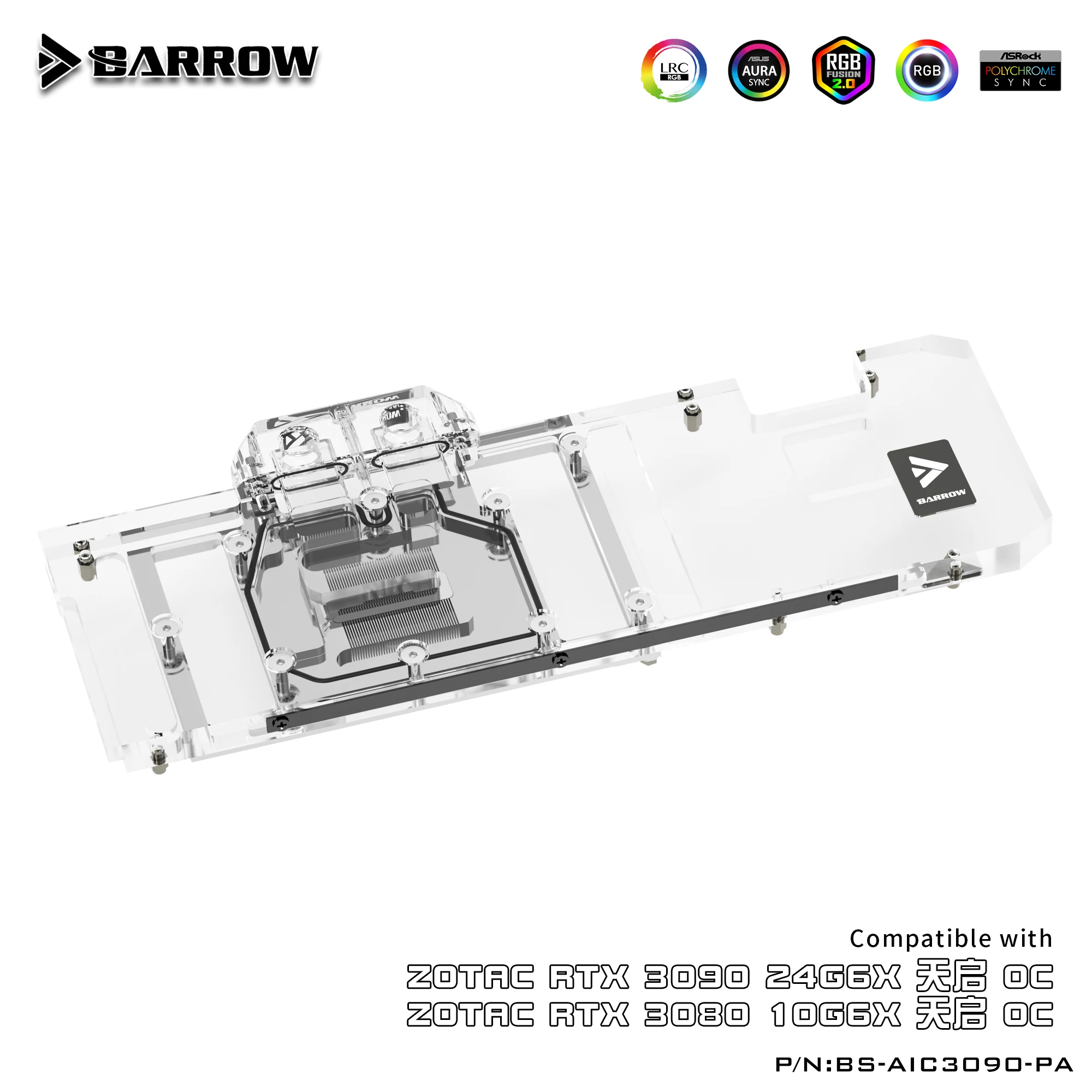 BARROW Water Block Use for ZOTAC RTX 3090 24G6X OC/3080 10G6X OC GPU Card  5V Header ARGB BS-AIC3090-PA