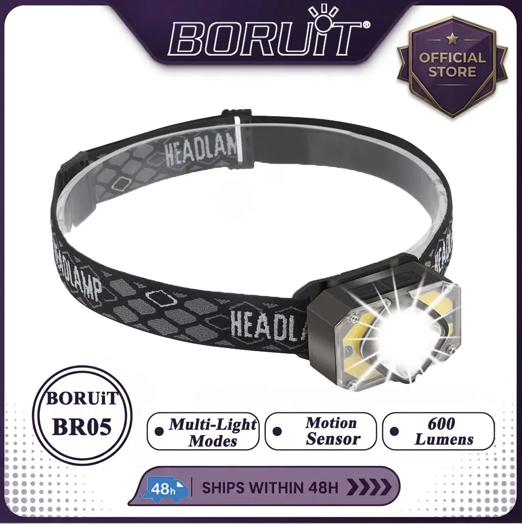 BR05 600LM Motion Sensor Dual Light LED Headlamp Type-C Rechargeable Headlight Waterproof Camping Head Torch Lantern Outdoor