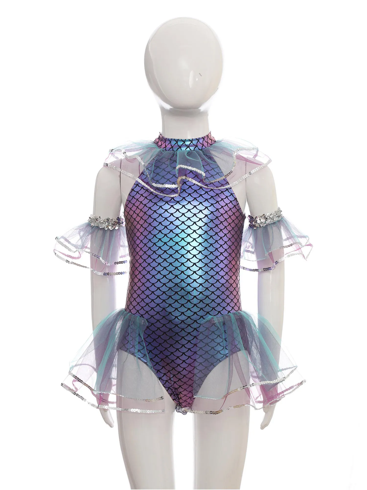 Kinderen meisjes glanzende visschubben print pailletten mesh tutu dans bodysuit met armmouwen Halloween zeemeermin prinses cosplay kostuum