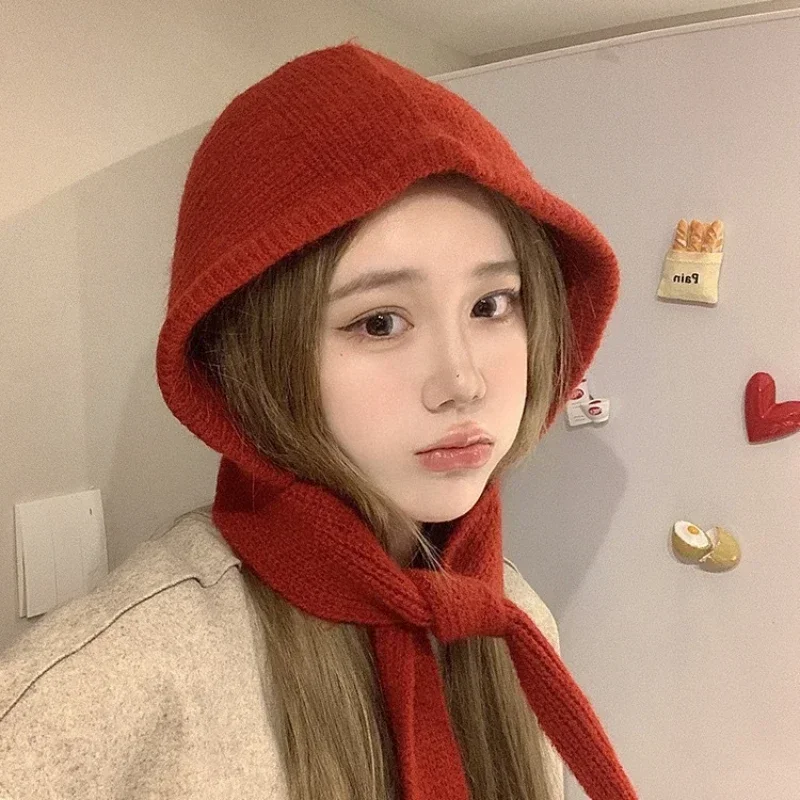 Korea Cute Women\'s Knitted Hood Scarf Little Red Hat Warm Ear Protection Cold Windproof Cap Winter Fashion Woolen Pullover Hat