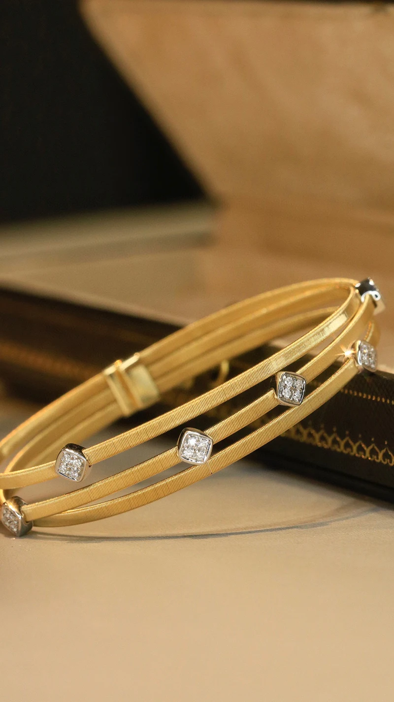 LUOWEND 100% 18K Yellow Gold Bangle Vintage Romantic Style Real Natural Diamond Bangle for Women High Party Jewelry