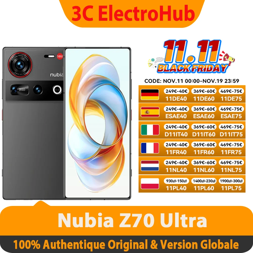 Nubia Z70 Ultra Smartphone 5G Snapdragon 8 Elite 6.85 144Hz cran OLED 6150 mAh batterie 64MP camra Android 15 NFC IP68 et 69 Gl