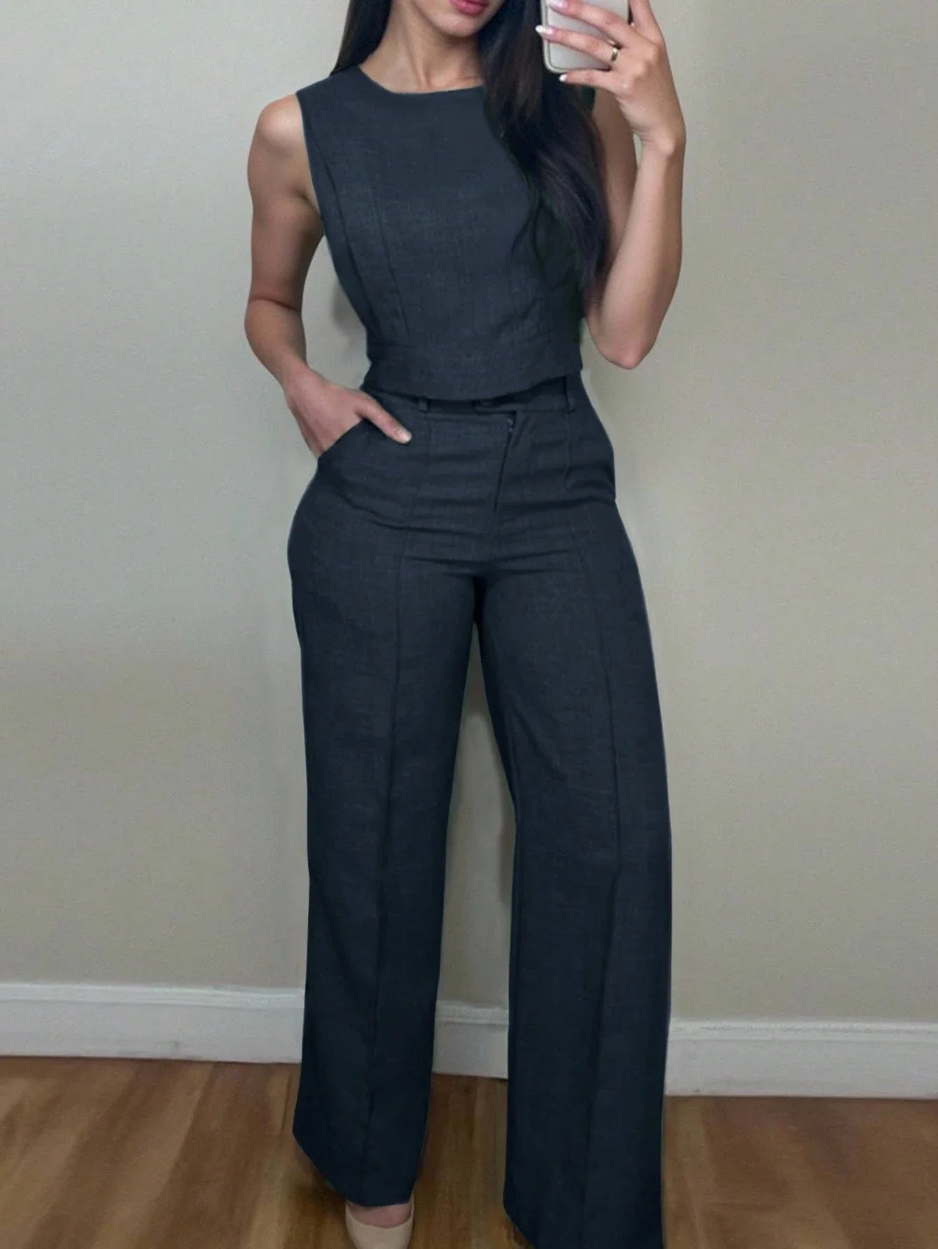 

Women Solid Color Sleeveless Jumpsuit Casual Two Piece Set Spring Summer