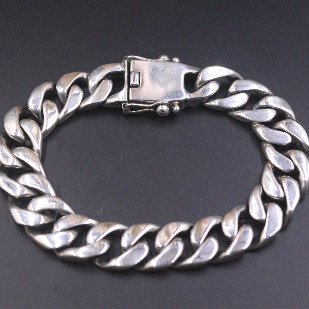 S925 Sterling Silver Women Men Bracelet 12mmW Curb Link Chain 7.48inch 57-58g